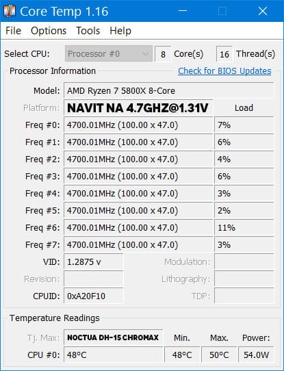 Core Temp na Ryzen 5800x z Noctua DH 15 Chromax Hladilnikom
