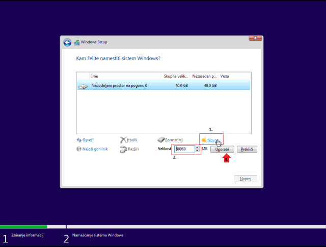 Formatiranje novega diska za namestitev windows 10