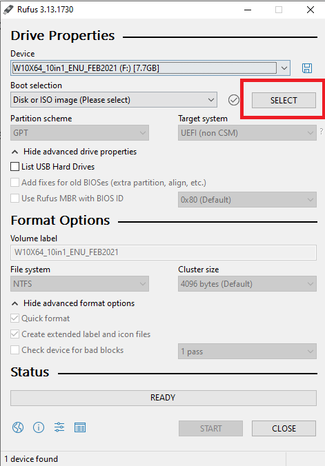 Rufus začetek priprave za bootable windows 10 usb ključek