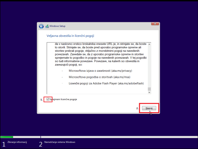 Sprejem pogojev inštalacije windowsa 10 na računalnika