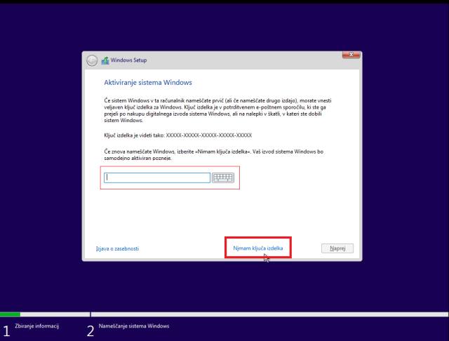 Vnos licence za windows 10 inštalacijo