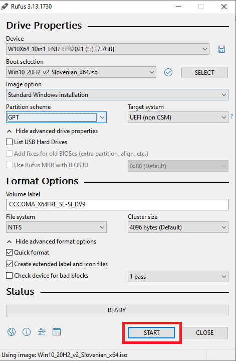 Windows 10 ISO izbran v programu rufus