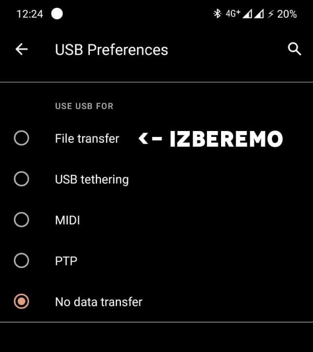 Izberemo opcijo prenos podatkov ali po anglesko file transfer Izberemo opcijo prenos podatkov ali po anglesko file transfer
