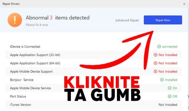 Kliknite Repair Now za namestitve iphone driverjev Kliknite Repair Now za namestitve iphone driverjev
