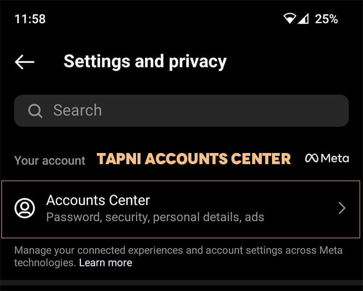Accounts Center META kjer lahko izbrisete instagram profil
