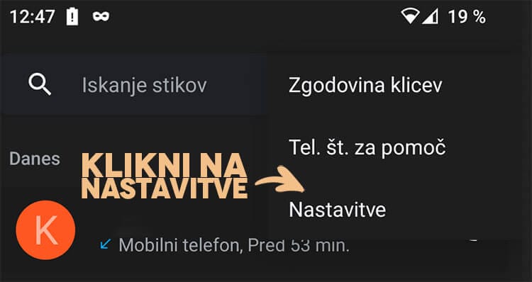 Nastavitve telefon ko kliknete 3 pikice