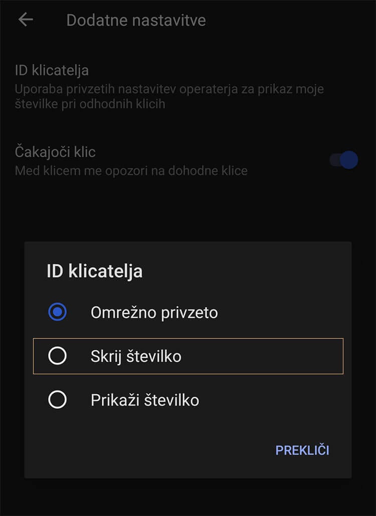 skrij številko na mobitelu Android