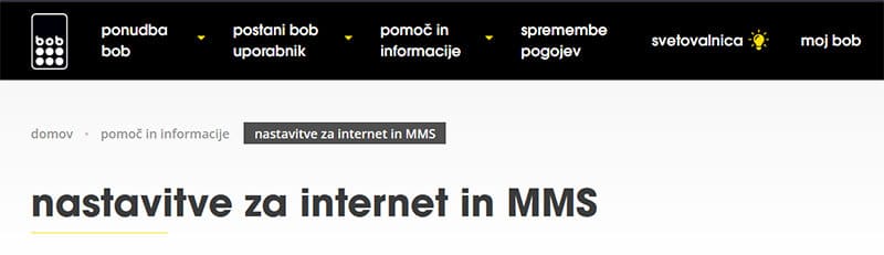 BOB APN Nastavitve in MMS Nastavitve za TELEFON