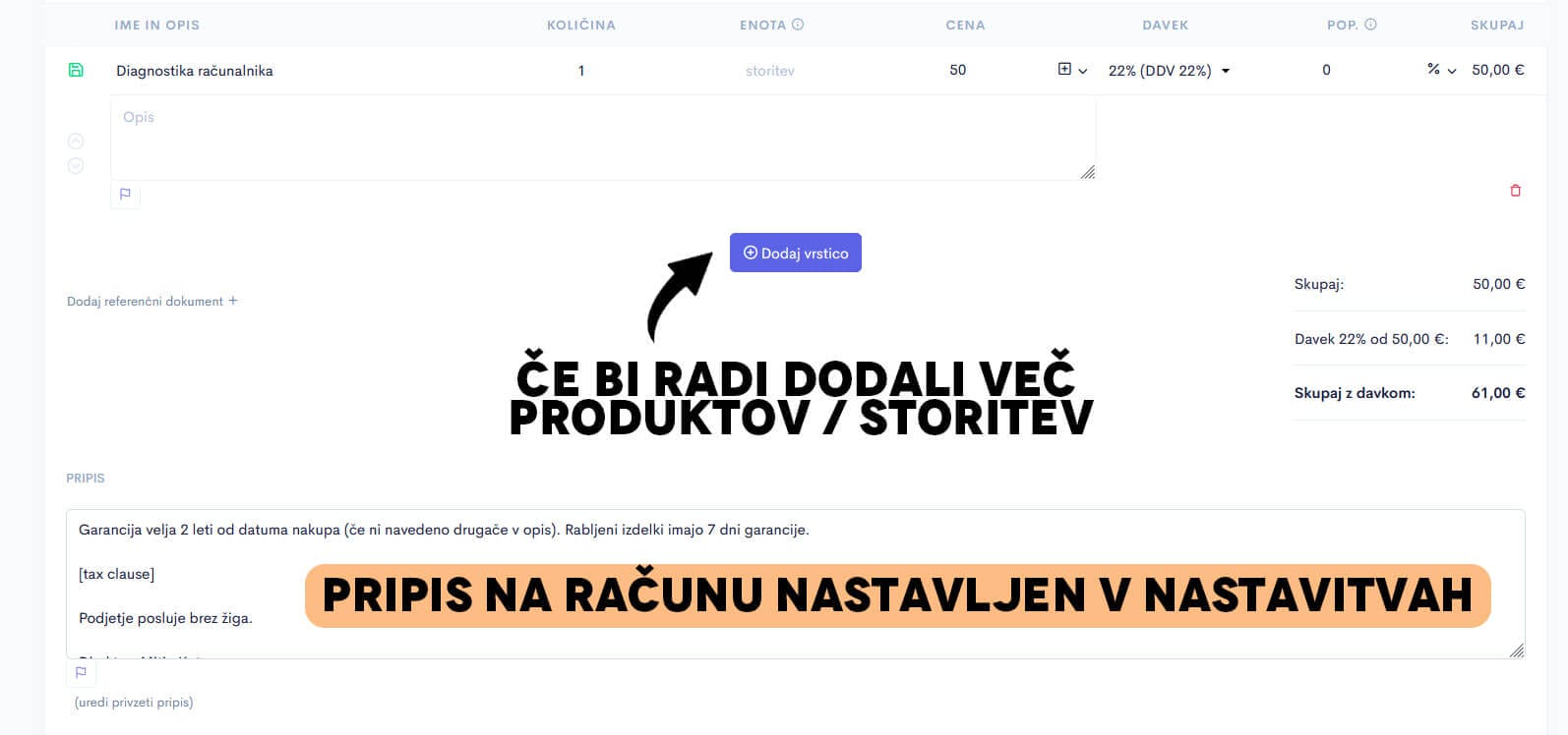 Dodajanje produktov ali storitev na račun