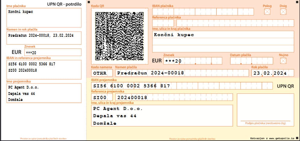 Primer položnice z QR kodo pri izdanem računu preko programa apollo