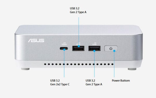 ASUS NUC 14 Pro+ Intel Ultra 9 185H [Barebone] Mini Računalnik Sprednji vhodi in oblika