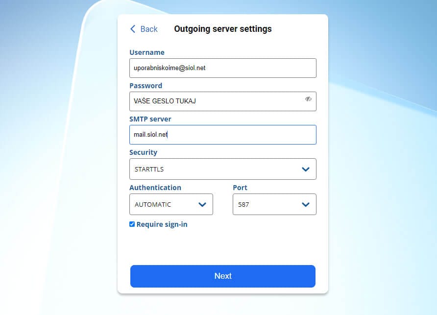 nastavitve za pošto siol odhodni strežnik