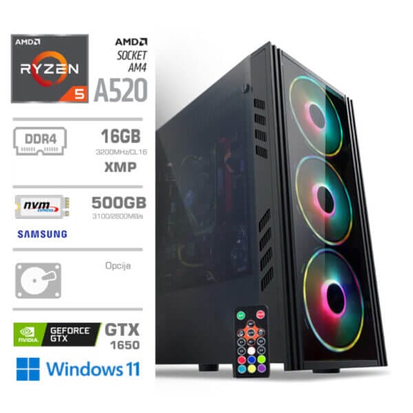 Gaming Računalnik Računalnik MEGA MT 5000 R5-5500/GTX1650-4GB/16GB/500GB/350W/Win11Home RGB