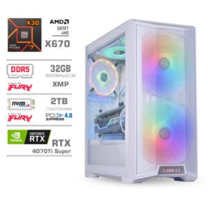 Gaming Računalnik Računalnik MEGA TWR S10 R7-7800X3D/RTX4070Ti Super/32GB-DDR5/2TB-4.0/1000W/Brez OS/bela RGB