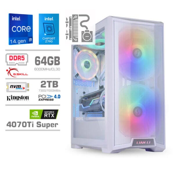 Gaming Računalnik Računalnik MEGA TWR S10 i9-14900KF/RTX4070Ti Super/64GB-DDR5/2TB-4.0/1000W/Brez OS/bela RGB