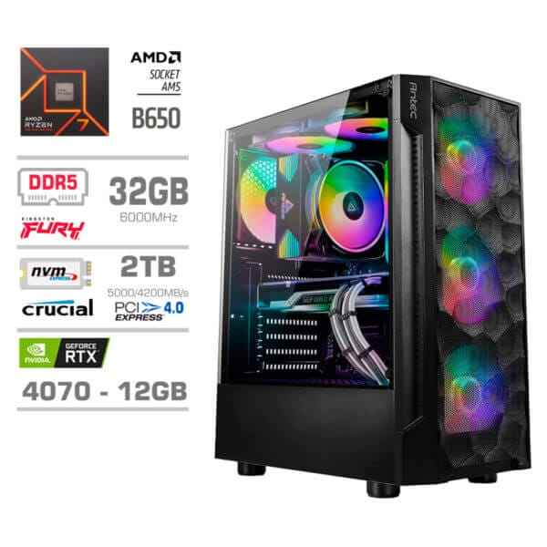 Gaming Računalnik Računalnik MEGA TWR S7 R7-8700F/RTX4070/32GB-DDR5/2TB-4.0/750W/Brez OS RGB