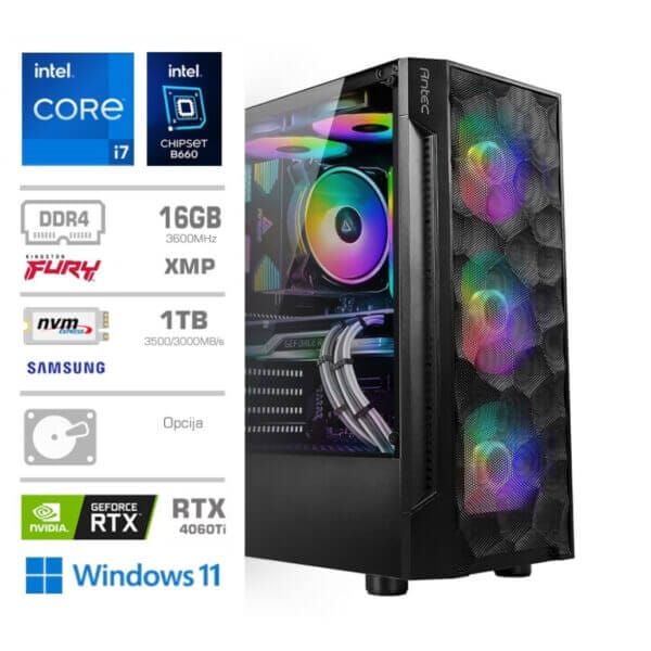 Gaming Računalnik Računalnik MEGA TWR S7 i7-12700F/RTX4060Ti-8GB/16GB/1TB/750W/Win11Pro RGB