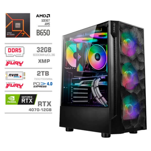 Gaming Računalnik Računalnik MEGA TWR S7 R7-7700/RTX4070/32GB-DDR5/2TB-4.0/750W/Brez OS RGB