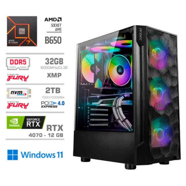 Gaming Računalnik Računalnik MEGA TWR S7 R7-7700/RTX4070/32GB-DDR5/2TB-4.0/750W/Win11Home RGB