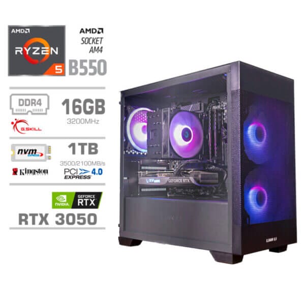 Gaming Računalnik Računalnik MEGA MT S7X R5-5500/RTX3050/16GB/1TB-4.0/750W/Brez OS/črna RGB