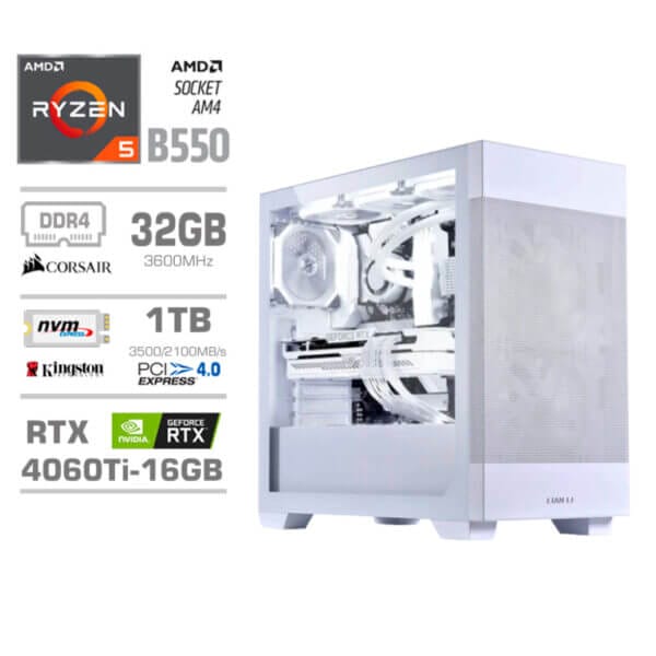 Gaming Računalnik Računalnik MEGA MT S7X R5-5600X/RTX4060Ti/32GB/1TB-4.0/750W/Brez OS/bela RGB