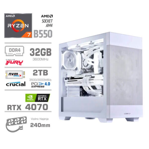 Gaming Računalnik Računalnik MEGA MT S7X R7-5700X/RTX4070/32GB/2TB/750W/Brez OS/bela RGB