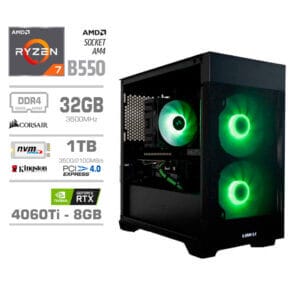 Gaming Računalnik Računalnik MEGA MT S7X R7-5700X/RTX4060Ti/32GB/1TB-4.0/750W/Brez OS/črna RGB + Estetski napajalni kabli [Modra / Črna]