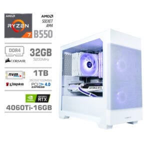 Gaming Računalnik Računalnik MEGA MT S7X R7-5700X/RTX4060Ti-16GB/32GB/1TB-4.0/750W/Brez OS/bela RGB + Estetski napajalni kabli [Vijola / Bela]