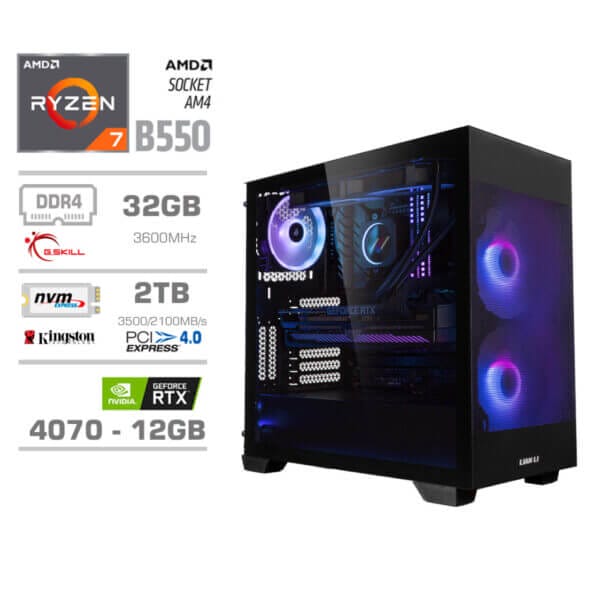 Gaming Računalnik Računalnik MEGA MT S7X R7-5800X/RTX4070/32GB/2TB-4.0/750W/Brez OS/črna RGB + Estetski napajalni kabli [Vijola / Črna]