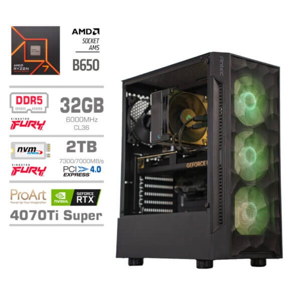 Gaming Računalnik Računalnik MEGA TWR S7 R7-7700X/RTX4070Ti Super/32GB-DDR5/2TB-4.0/750W/Brez OS RGB - ProART