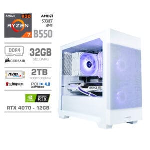 Gaming Računalnik Računalnik MEGA MT S7X R7-5800X3D/RTX4070/32GB/2TB-4.0/750W/Brez OS/bela RGB + Estetski napajalni kabli [Vijola / Bela]