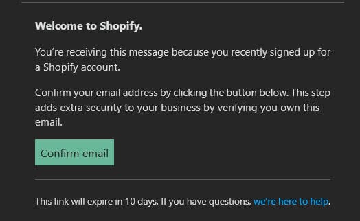 Potrditev email naslova po registraciji na spletni platformi shopify