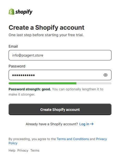 Registracija računa na platformi Shopify z email naslovom