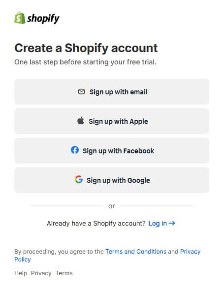 Registracija računa za najem spletne trgovine shopify