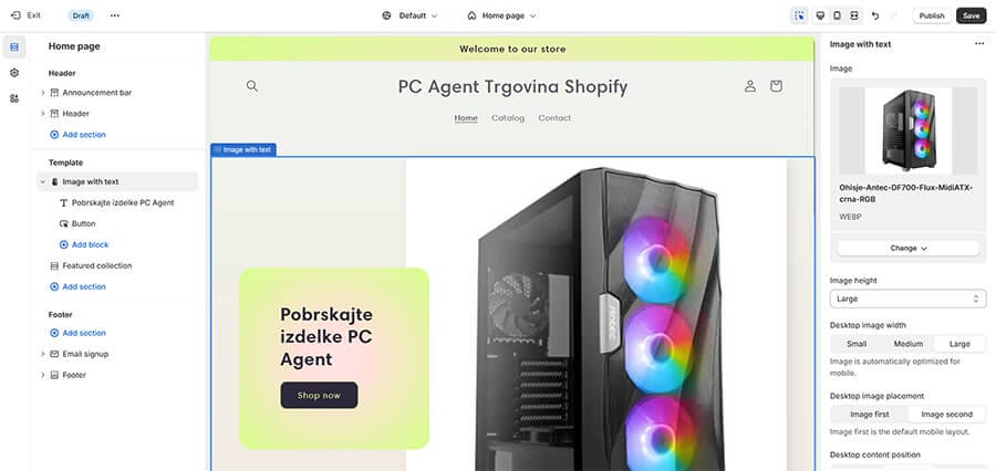 Urejevalnik spletne trgovine v najemu pri shopify