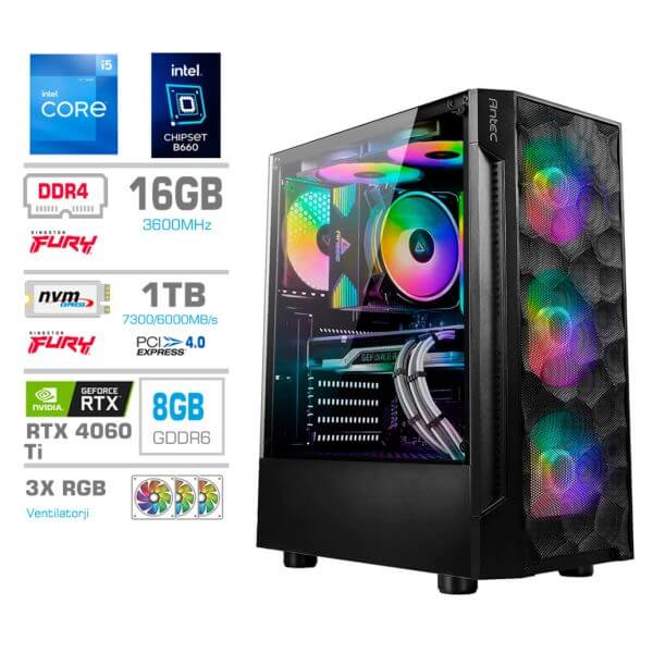 Gaming Računalnik Računalnik MEGA TWR S7 i5-12600K/RTX4060Ti-8GB/16GB/1TB-4.0/750W/Brez OS RGB