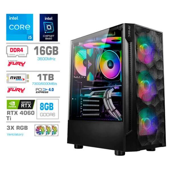 Gaming Računalnik Računalnik MEGA TWR S7 i5-13600K/RTX4060Ti-8GB/16GB/1TB-4.0/750W/Brez OS RGB