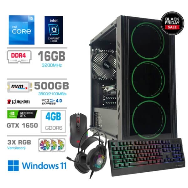 Gaming Računalnik Komplet MEGA MT 5000 i5-11400F/GTX1650-4GB/16GB/500GB/Win 11 Home/Tipkovnica