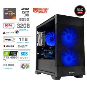 Gaming Računalnik Računalnik MEGA MT S7X R7-5700X/RTX4060Ti/32GB/1TB-4.0/750W/Brez OS/črna RGB + Estetski napajalni kabli [Modra / Črna] (Black Friday)