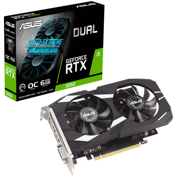 ASUS Dual GeForce RTX 3050 OC Edition 6GB GDDR6 graficna kartica with two powerful fans AAA gaming performance and ray tracing PCIe 4.0 1xDVI D 1xHDMI 2.1 1xDisplayPort 1.4a