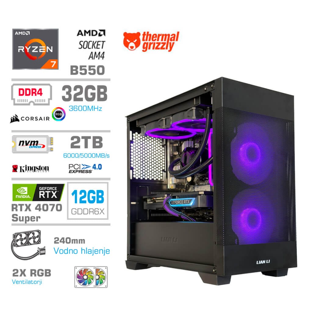 Gaming Računalnik  MT S7X R7-5700X3D/RTX4070 Super/32GB/2TB-4.0/750W/Brez OS/črna RGB + Estetski napajalni kabli [Vijola / Črna]