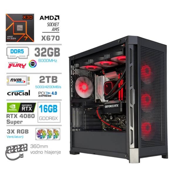 Gaming Računalnik Računalnik MEGA TWR S11 R7-7800X3D/RTX4080 Super/32GB-DDR5/2TB-4.0/1050W/Brez OS/črna RGB + Estetski napajalni kabli [Rdeča / Črna]