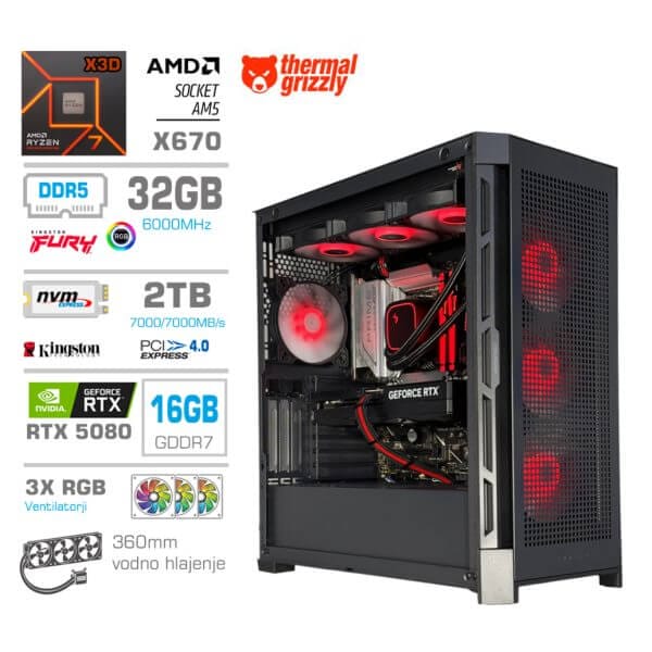 Gaming Računalnik Računalnik MEGA TWR S11 R7-9800X3D/RTX5080/32GB-DDR5/2TB-4.0/1050W/Brez OS/črna RGB + Estetski napajalni kabli [Rdeča / Črna]