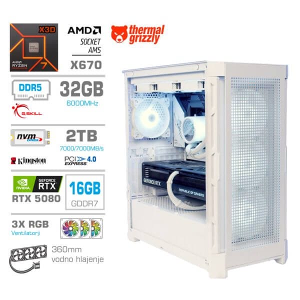 Gaming Računalnik Računalnik MEGA TWR S11 R7-7800X3D/RTX5080/32GB-DDR5/2TB-4.0/1050W/Brez OS/bela RGB + Estetski napajalni kabli [Vijola / Bela]