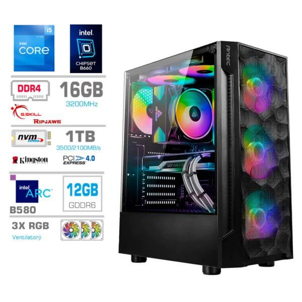 Gaming Računalnik Računalnik MEGA TWR S7 i5-12600K/Intel Arc B580/16GB/1TB-4.0/750W/Brez OS RGB