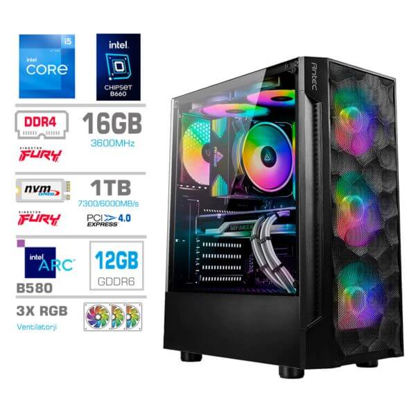 Gaming Računalnik Računalnik MEGA TWR S7 i5-12400F/Intel Arc B580/16GB/1TB-4.0/750W/Brez OS RGB