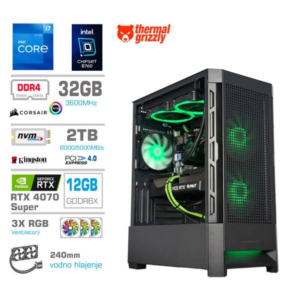 Gaming Računalnik Računalnik MEGA MT S8 i7-12700K/RTX4070 Super/32GB/2TB-4.0/750W/Brez OS/črna RGB + Estetski napajalni kabli [Zelena / Črna]