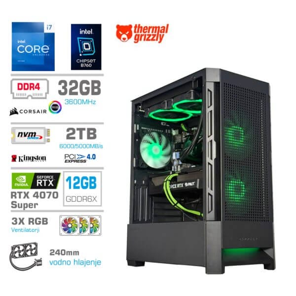 Gaming Računalnik Računalnik MEGA MT S8 i7-13700KF/RTX4070 Super/32GB/2TB-4.0/750W/Brez OS/črna RGB + Estetski napajalni kabli [Zelena / Črna]