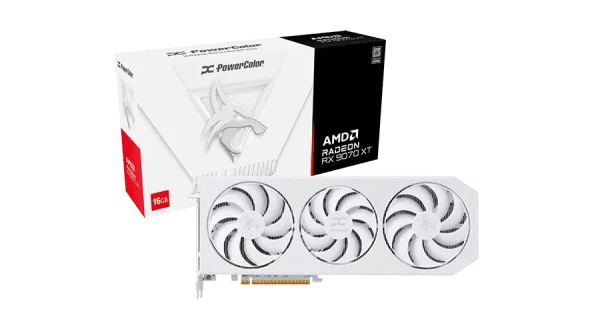 PowerColor Hellhound Spectral White Radeon RX 9070 XT 16GB Škatla in grafična kartica