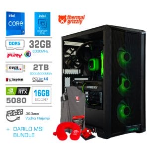 Gaming Računalnik Računalnik MEGA TWR S10 i7-14700F/RTX5080/32GB-DDR5/2TB-4.0/1000W/Brez OS/črna RGB + Estetski napajalni kabli [Zelena / Črna]